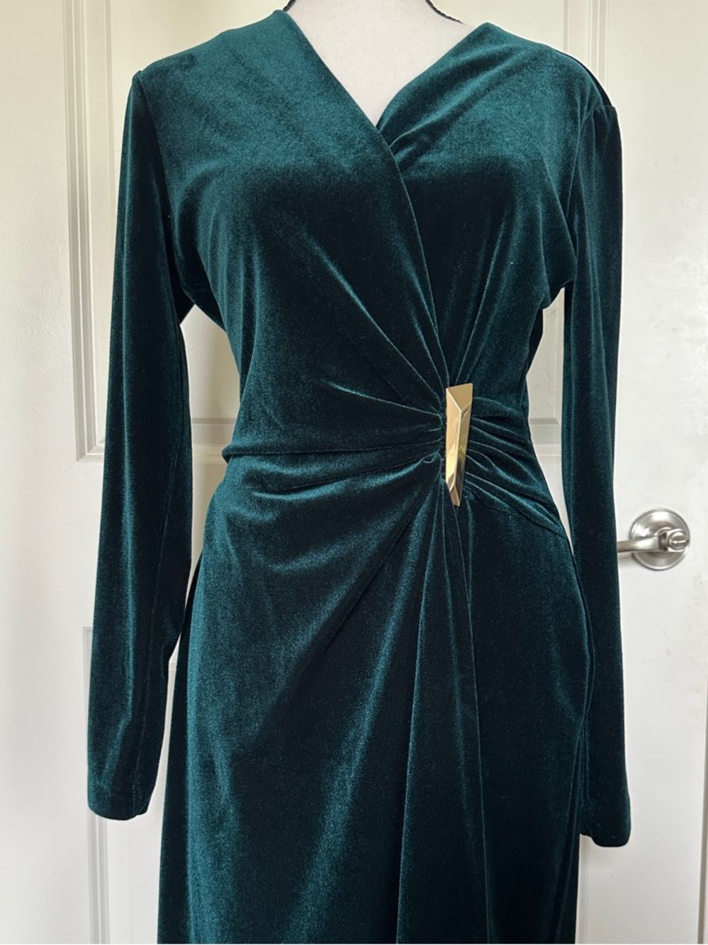 Calvin Klein Deep Teal Velvet Long-Sleeve Wrap Dress with Gold Accent